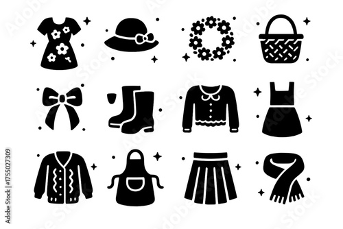 Nature-Inspired Wardrobe Icons. Nature-Inspired Wardrobe. Solid icons set of Nature-Inspired Wardrobe: floral dress, straw hat, daisy chain, wicker basket,