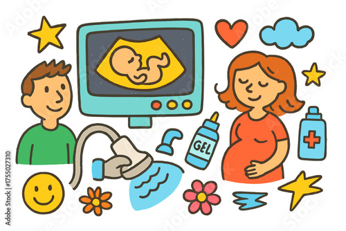 Colorful Pregnancy Scan. Pregnancy Scan. Colorful Hand-drawn doodle Children illustration monitor, ultrasound machine, probe, baby outline, mother, father,