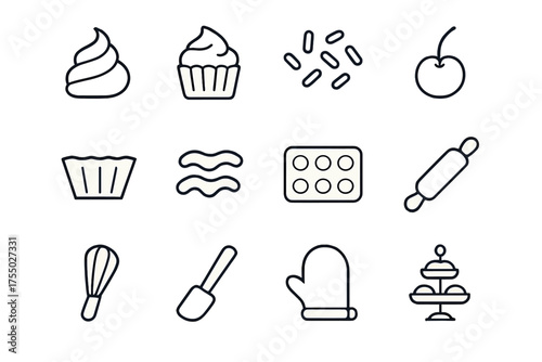 Baking Icon Set. Baking treats. Line icon set of Baking treats: frosting swirl, cupcake, sprinkles, cherry on top, muffin liner, chocolate drizzle, cupcake