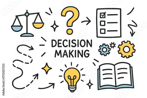 Decision Making Doodle. Decision Making. Hand-drawn doodle illustration balance scale (colored), question mark (colored), checklist, gears (colored), sparkle,