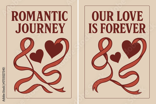 Romantic Banners with Hearts. Romantic journey. Two vertical A6 banners with safe margins, centered composition, no elements touching edges, retro, red and