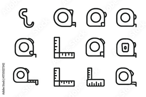 Toolbox Icon Collection. Toolbox essentials. Line icon set of Toolbox essentials: tape measure, hook end, tape reel, retractable tape, casing, locking button,