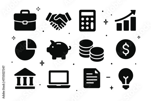 Advisory Services Icons. Advisory services. Solid icons set of Advisory services: briefcase, handshake, calculator, bar chart, pie chart, piggy bank, coins,