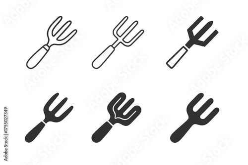 Gardening Tools Logos. Gardening tools. Set Logo of Gardening tools: hand cultivator (three-prong). harmonious logo variations of the same emblematic concept,