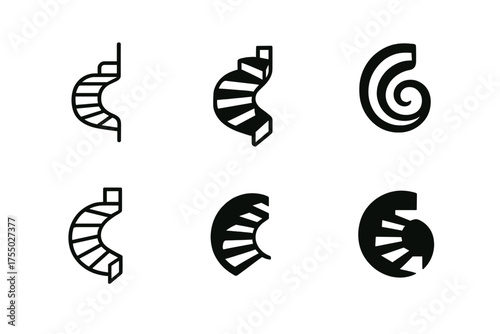 Spiral Staircase Logos. Transformational growth. Set Logo of Transformational growth: spiral staircase ascending. harmonious logo variations of the same