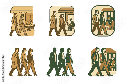 Chic City Emblems. People walking on a city street dressed in stylish outfits. Set Logo of People walking on a city street dressed in stylish outfits: cafe