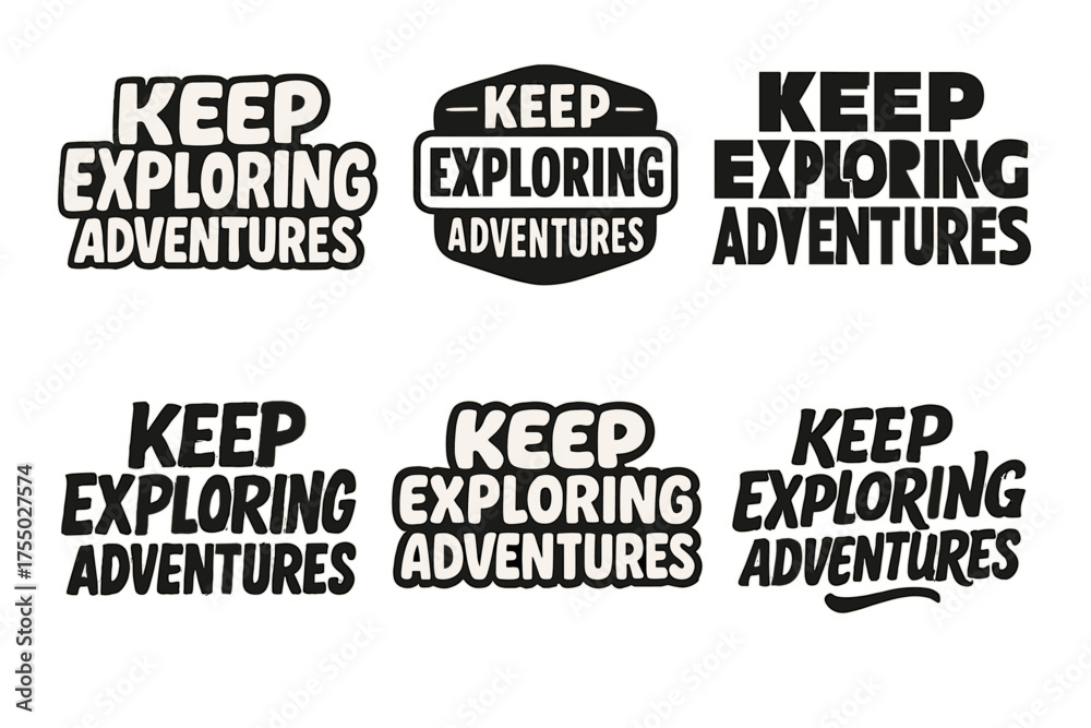 Obraz premium Lettering Styles Grid. Keep Exploring Adventures. Set lettering. harmonious lettering variations of the same emblematic concept, each with different artistic