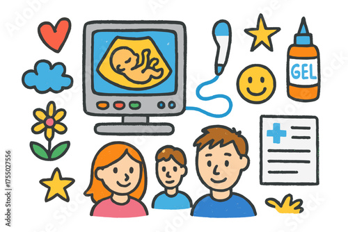 Whimsical Ultrasound Imagery. Medical Scan. Colorful Hand-drawn doodle Children illustration ultrasound machine, monitor, probe, baby outline, heart, star,
