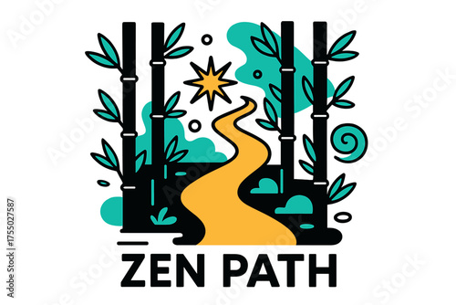 Zen Bamboo Pathway. Zen Path. A glowing narrow path winding through dense bamboo, abstract spark and swirl icons symbolizing calm and meditation. Modern