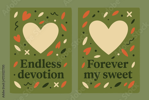 Endless Devotion Banners. Endless devotion. Two vertical A6 banners with safe margins, centered composition, no elements touching edges, memphis, olive green