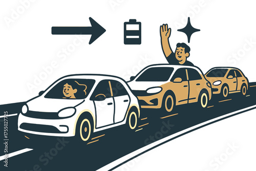 Glowing EV Convoy. Highway convoy. Several glowing EVs driving together beneath clear sky. Floating icons of arrow, sparkle, and battery symbolizing momentum.