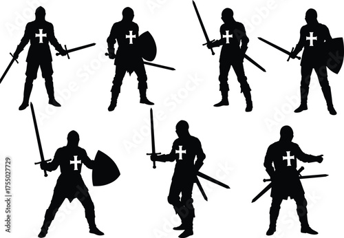 Medieval knight silhouette with sword and shield, crusader warrior, armored soldier, historical battle, combat stance, fantasy illustration