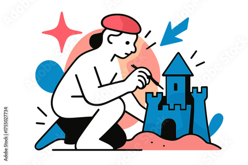 Focused Sand Artist. Sand Artist. A glowing person carefully carving details into a sandcastle, abstract spark and arrow icons symbolizing focus. Modern