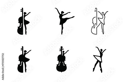 Ballet Dance Logos. Ballet and Classical Dance. Set Logo of Ballet and Classical Dance: violin and dancer outline. harmonious logo variations of the same
