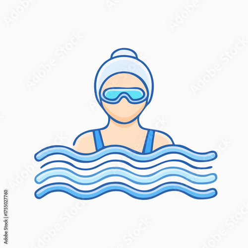 Illustration of a person swimming in water, wearing goggles and a swim cap, enjoying leisure.