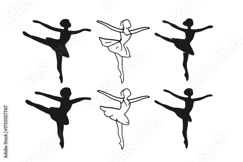 Ballet Dance Logos. Ballet and Classical Dance. Set Logo of Ballet and Classical Dance: dancer in arabesque pose. harmonious logo variations of the same