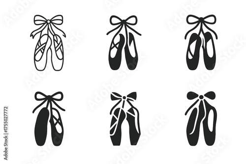 Ballet Shoes Logos. Ballet and Classical Dance. Set Logo of Ballet and Classical Dance: ballet shoes with ribbons. harmonious logo variations of the same