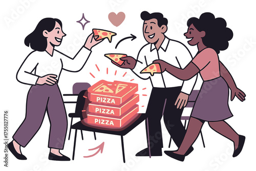 Teamwork Pizza Break. Office lunch. Glowing pizza boxes stacked in break room with slices being shared. Floating icons of sparkle, arrow, and heart symbolizing
