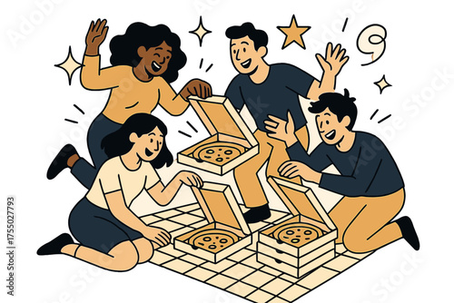 Pizza Picnic Vibes. Party vibe. Glowing group of friends opening pizza boxes stacked on picnic blanket. Floating icons of sparkle, star, and swirl symbolizing