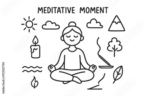Meditative Doodle Elements. Meditative Moment. Hand-drawn doodle illustration Meditative Moment person sitting cross-legged lotus pose candle incense calm