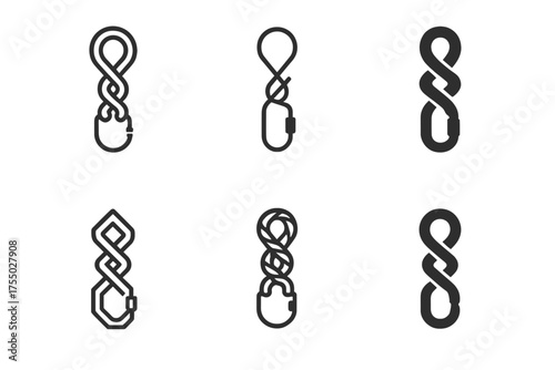 Climbing Logo Variations. Speed climbing. Set Logo of Climbing sports: climbing rope and carabiner. harmonious logo variations of the same emblematic concept,