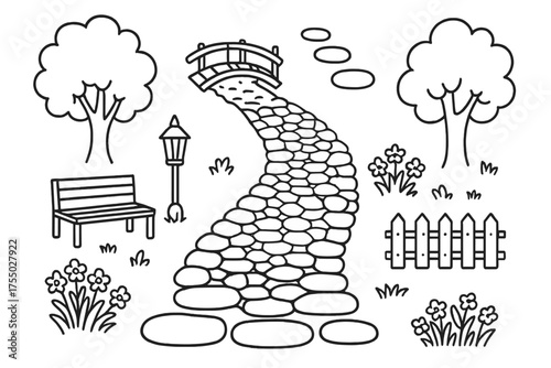 Garden Pathway Illustration. Pathway. Hand-drawn doodle illustration Pathway stone path wooden bridge stepping stones garden flowers trees lantern fence bench