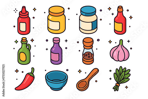 Homemade Condiments Icons. Homemade Condiments. Colorful isometric vector icons set of Homemade Condiments: ketchup bottle, mustard jar, mayonnaise jar, hot