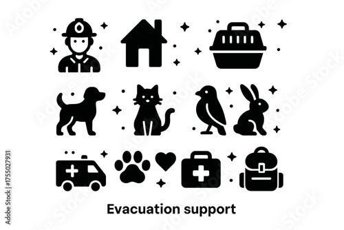 Evacuation Support Icons. Evacuation support. Solid icons set of Evacuation support: firefighter, house, pet carrier, dog, cat, bird, rabbit, ambulance, paw