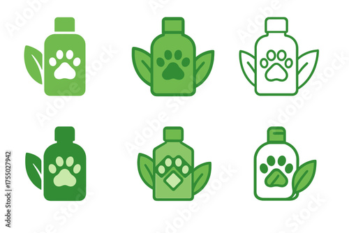 Eco-Friendly Pet Logos. Eco-Friendly Pet Care. Set Logo of Eco-Friendly Pet Care: eco-friendly shampoo bottle. harmonious logo variations of the same