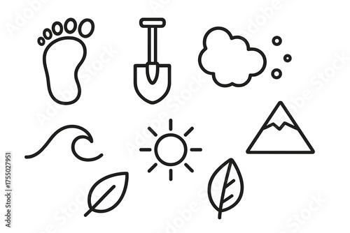Nature Icons Set. footprint, shovel, dust, wave, sun, mountain, leaf. Simple cartoon-style black line icons representing common objects, symbols, and elements