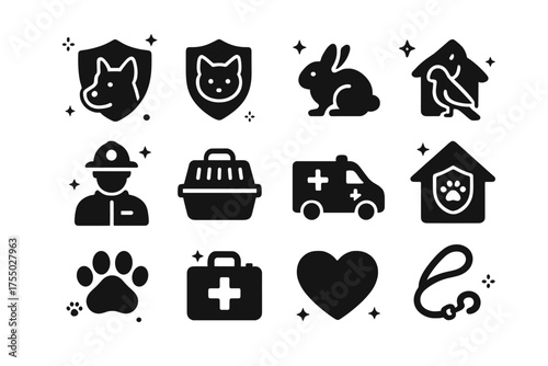 Animal Protection Icons. Protecting animals. Solid icons set of Protecting animals: dog, cat, bird, rabbit, firefighter, pet carrier, ambulance, house, paw
