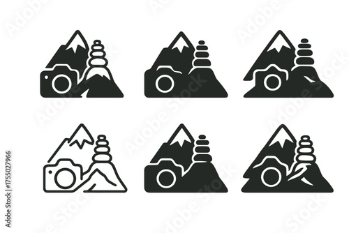 Mountain Expedition Logos. Photography expeditions in extreme environments. Set Logo of Photography expeditions in extreme environments: mountain summit with