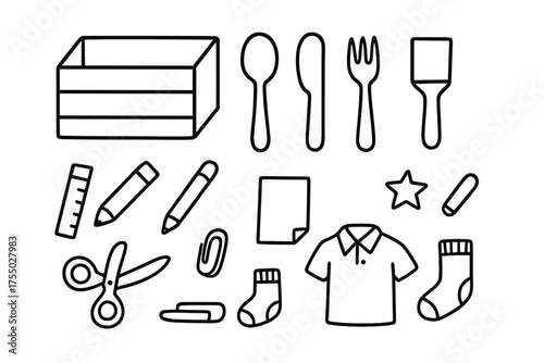 Organized Doodle Icons. Neat and clean. Hand-drawn doodle illustration neat and clean drawer, divider, spoon, fork, knife, brush, paper, star, pencil, ruler,
