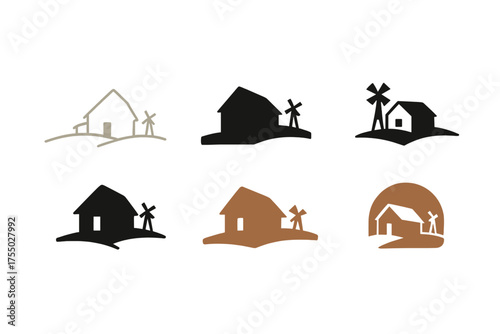 Farmhouse Logo Variations. A rustic farmhouse with a windmill in the distance. Set Logo of A rustic farmhouse with a windmill in the distance: Weathered