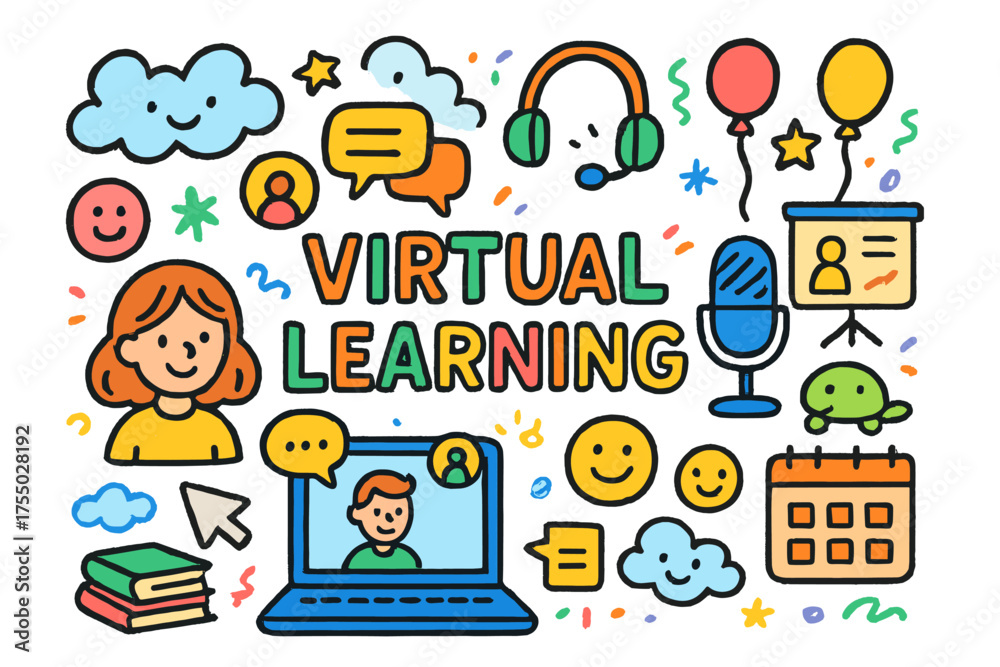 Naklejka premium Vibrant Virtual Classroom. Virtual Learning. Colorful Hand-drawn doodle Children illustration laptop, video call, microphone, headset, chat bubbles,