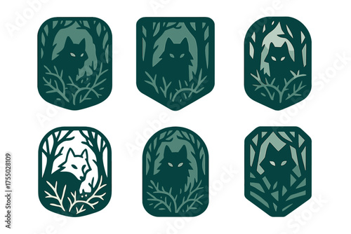 Bramble Wolf Logos. A mysterious creature lurking in a dark, enchanted forest. Set Logo of A mysterious creature lurking in a dark, enchanted forest: Bramble