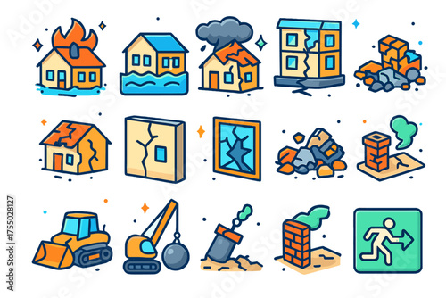 Destruction Icons Set. Destroyed Buildings. Colorful isometric vector icons set of destroyed buildings: burnt house, flooded house, storm damage, earthquake