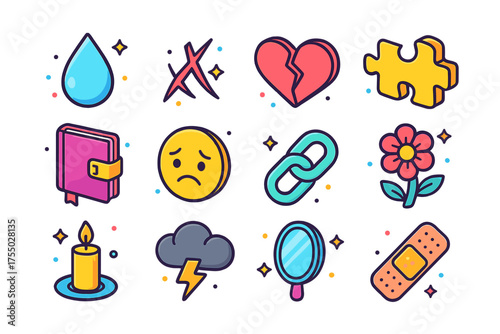 Emotional Depth Icons. Emotional Depth. Colorful isometric vector icons set of emotional depth: tear drop, scar mark, broken heart, puzzle piece, diary, sad