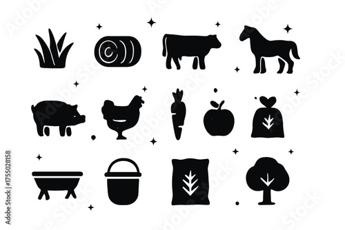 Farm Icons Grid. Pasture and feed. Solid icons set of Pasture and feed: grass, hay bale, cow, horse, pig, chicken, carrot, apple, feed trough, water bucket,