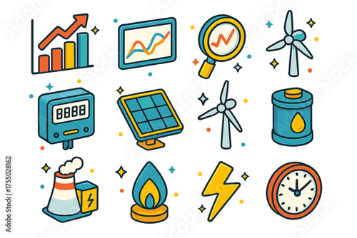 Energy Icons Grid. Energy Analysis. Colorful isometric vector icons set of energy analysis: chart, graph, magnifying glass, electric meter, solar panel, wind