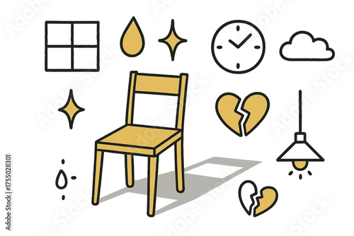 Empty Chair Doodle. Emptiness. Hand-drawn doodle illustration empty chair (colored), shadow (colored), tear drop (colored), sparkle, star, broken heart