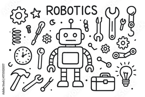 Robotics Tool Icons. Robotics. Hand-drawn doodle illustration robotics robot, gear, cogwheel, wrench, screwdriver, spring, lever, pulley, chain, star, clock,