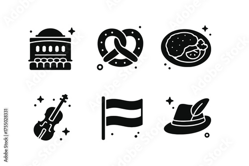 Austrian Icons Collection. concert hall, pretzel, schnitzel plate, coffee cup, flag of Austria, violin, traditional hat. Filled icons set in only black color.