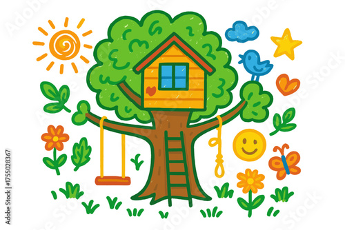 Colorful Treehouse Doodle. Backyard Tree House. Colorful Hand-drawn doodle Children illustration tree, house, ladder, swing, rope, heart, star, smiley face,