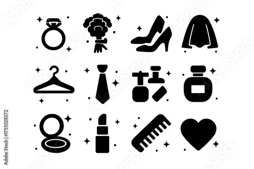 Wedding Icons Collection. Wedding accessories. Solid icons set of Wedding accessories: ring, bouquet, shoes, veil, hanger, tie, cufflinks, perfume bottle,