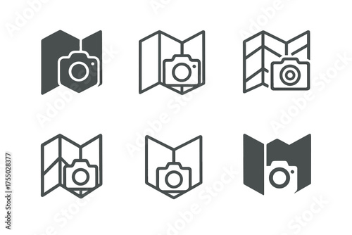Travel Logo Variations. Taking travel photos. Set Logo of Taking travel photos: folded map with compact camera. harmonious logo variations of the