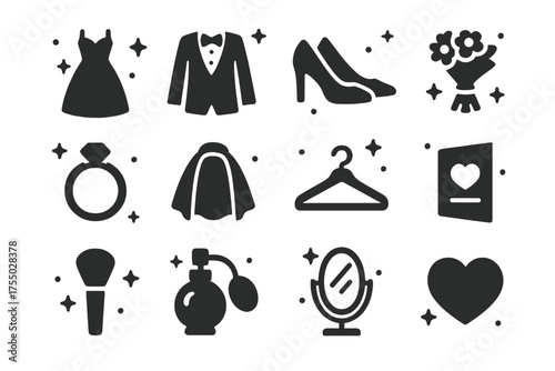 Wedding Day Icons. Wedding day prep. Solid icons set of Wedding day prep: wedding dress, suit, shoes, bouquet, ring, veil, hanger, invitation card, makeup