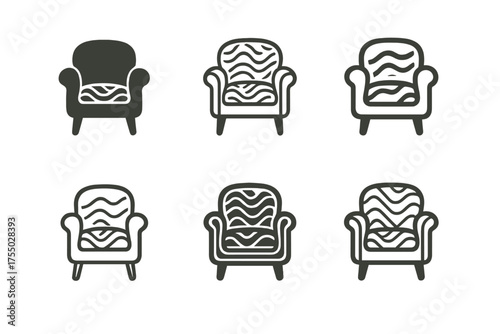 Textured Design Logos. Layering textures and patterns in room designs. Set Logo of Layering textures and patterns in room designs: Upholstered armchair with