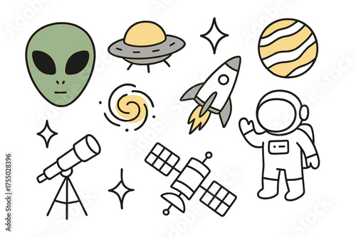Cosmic Journey Doodle. Aliens. Hand-drawn doodle illustration alien head (colored), UFO (colored), planet (colored), sparkle, star, rocket, galaxy swirl