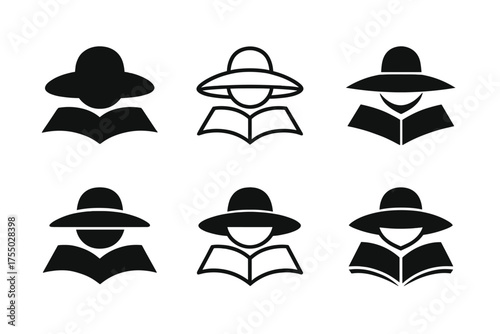 Shade Reading Logos. Reading a book in the shade. Set Logo of Reading a book in the shade: wide-brim sun hat resting on an open book. harmonious logo